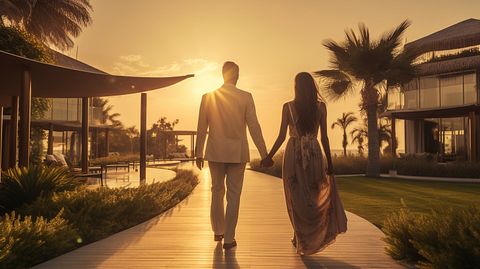 A couple entering a beach resort hotel, walking hand in hand away from the sunset.