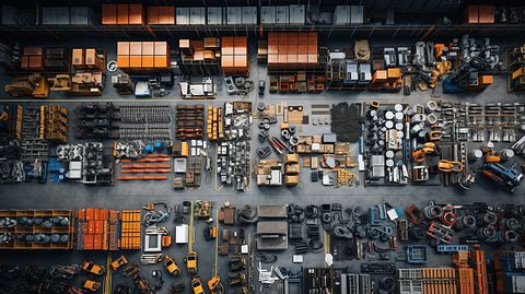 An overhead view of an auto parts warehouse full of replacement parts.