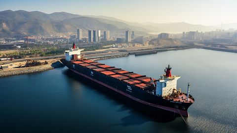 A dry bulk vessel loaded with coal, approaching a port, viewed from a distance.