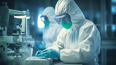 A medical laboratory technician in protective gear working with a laboratory instrument.