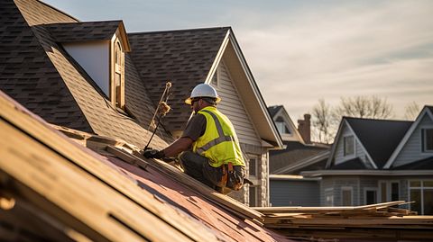 A construction crew installing roof tiles on a newly built row home.