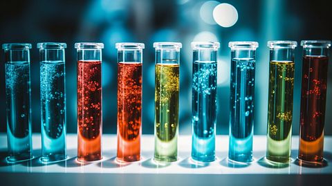 Test tubes filled with exosomes, representing exosome-based therapeutics.