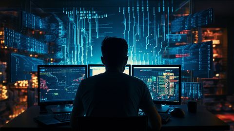 A data engineer working intently on a computer, processing complex algorithms.