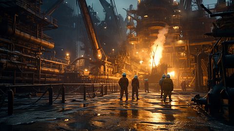 A mechanized oil-draining process in action, with workers surrounding the equipment.