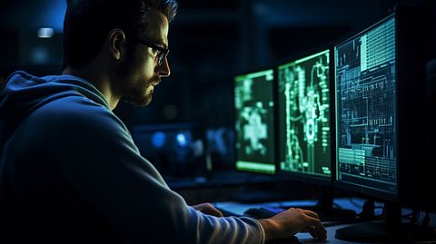 A closeup of a laboratory technician monitoring a computer for the Cloudbreak platform.