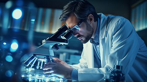 A scientist in a lab coat holding a test tube and looking through a microscope.
