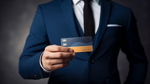 A portrait of customer holding their debit card with pride.