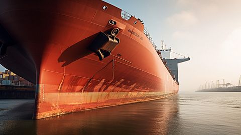 A close-up shot of the bow of a large drybulk carrier on the open seas.