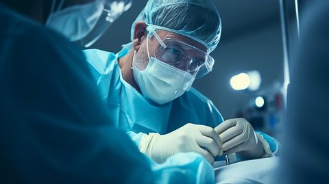 A surgeon injecting a medical device into a patient in an operating theater.