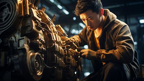 A factory worker examining the inner workings of a complex machinery.