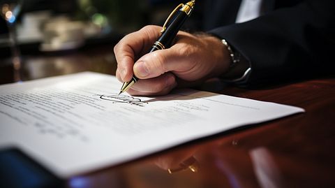 A closeup of a hand signing a life insurance policy, illustrating the security it provides.