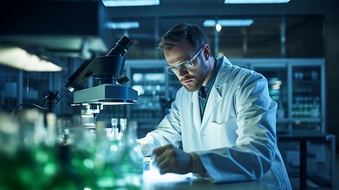 A scientist in a lab, focused on a molecular microscope with biologic drug candidates.