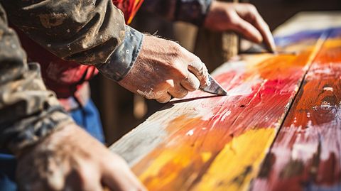 A close-up of an artist carefully applying a coat of paint to a wood structure.