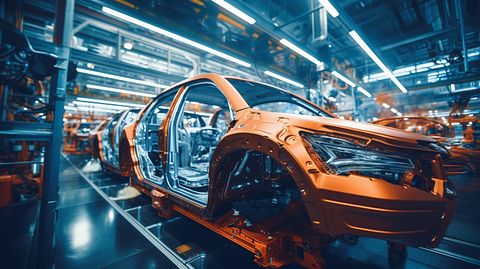 An auto plant production line full of workers assembling a car.