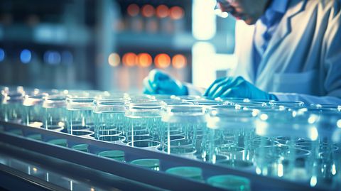 A close up of a scientist in a lab coat examining a beaker of cell cultures.