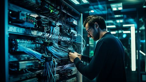 A technician in a high-tech office connecting voice and video services to a large scale network.