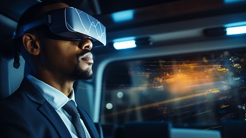 A data analyst wearing virtual reality goggles while analyzing on-board telematics.