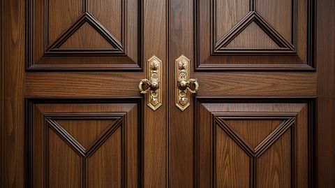 A closeup of a residential wooden door, showcasing its elegant craftsmanship.