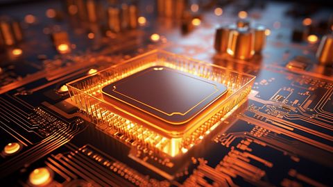 A close-up shot of a high-performance electronic component, its details illuminated in the light.