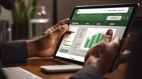 A close up of a hand pressing a mobile banking app displayed on a tablet or smartphone.