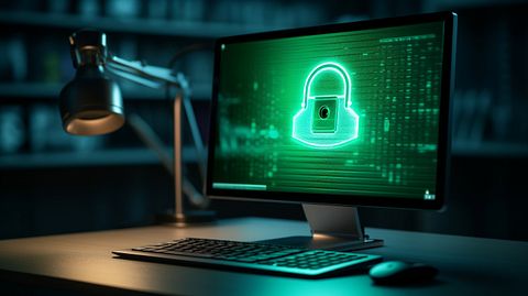 A close up of a computer monitor with a green padlock icon to symbolize the company's cyber safety solutions.