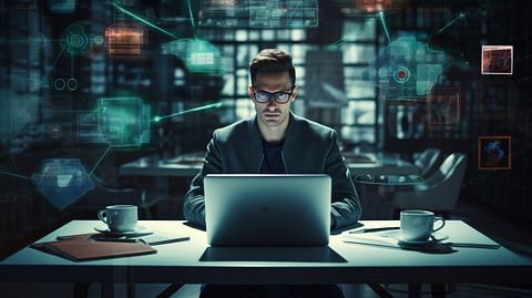 A young professional in a workspace with a laptop demonstrating the company's anti-virus security & privacy protection services.