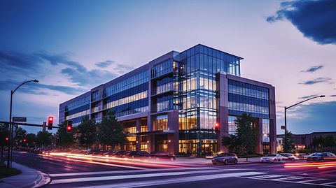 An office building lit up at dusk, representing the bank's commitment to small business development.