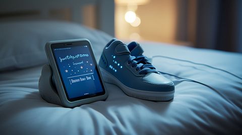 A close-up of a Dream Duo device on a baby's foot with accompanying text on the screen.
