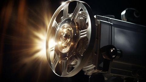 A close-up of a movie projector light casting onto a silver movie screen.