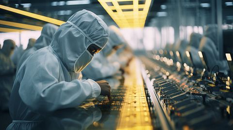 An assembly line in a semiconductor factory, with workers at their stations.