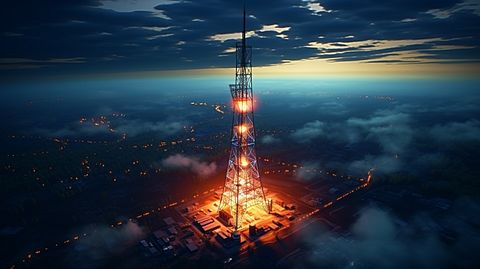 Aerial view of a broadcasting tower aglow in the evening sky.