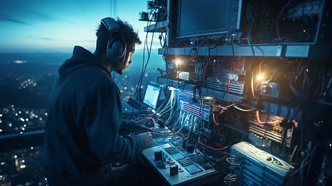 A technician in a telecommunication tower adjusting the receiver of a voice over internet protocol call.