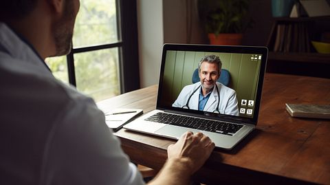 A telemedicine consultation taking place with a doctor and a patient over video call.