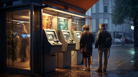 An exterior view of an automatic teller machine with customers at the window.