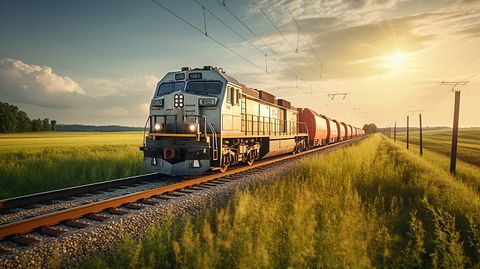 A large commercial freight train rolling through the countryside carrying steel products.