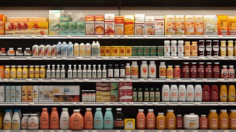 A grocery store shelf lined with the company's nutritional products.