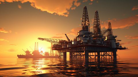 An oil rig platform at sea, surrounded by a golden sunrise.