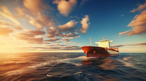 A distant view of a large oil tanker sailing across the open ocean.