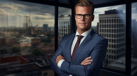 A business man with a confident pose discussing details of a property & casualty insurance claim.