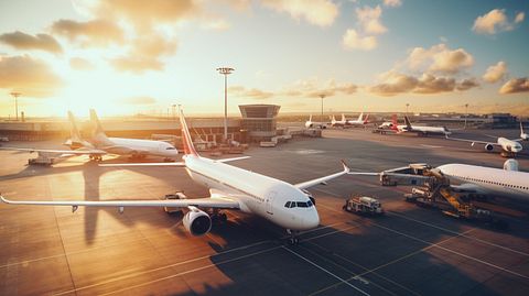A wide aerial view of an airport and commercial aircrafts in the sky.