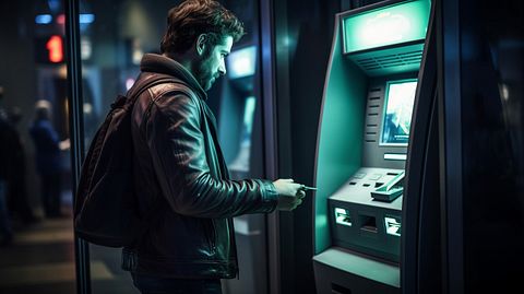 A customer withdrawing money from his bank account using an ATM in a secure setting.