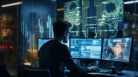 A computer engineer working in a futuristic office, programming algorithms to mine cryptocurrency.