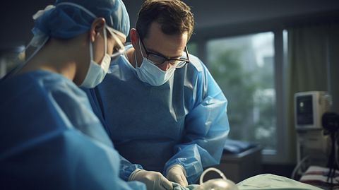 A medical professional in scrubs providing care to a patient.