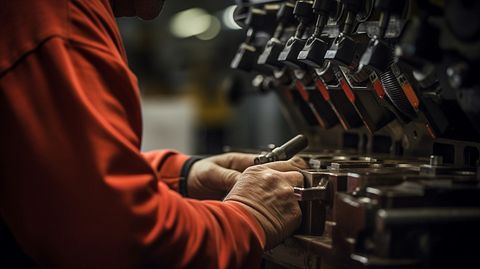 A close-up of a technician's hands making precision adjustments to a specialty industrial machine.