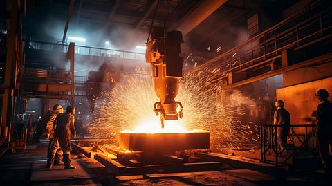 A large steel ingot being forged with sparks flying from a steel mill.