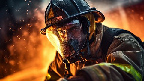 A close-up view of a firefighter handling a large hose, symbolizing the strength and fortitude of these individuals.