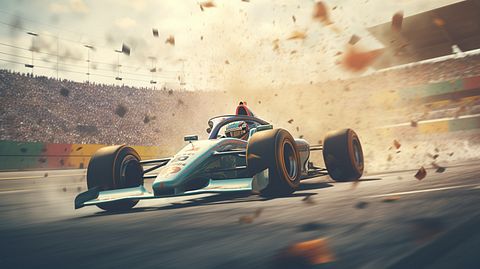 A professional race car driving around a track with a crowd of cheering fans.