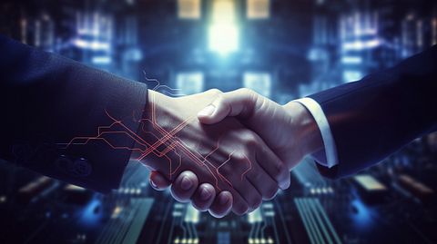 A corporate executive shaking hands with a customer, sealing the deal for a Digimarc watermark solution.