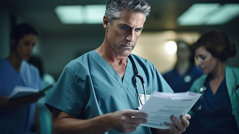 A medical professional in scrubs discussing a patient's records with a multidisciplinary team.