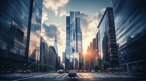 A modern skyscraper in a busy city, symbolizing the prominence of the financial services company.